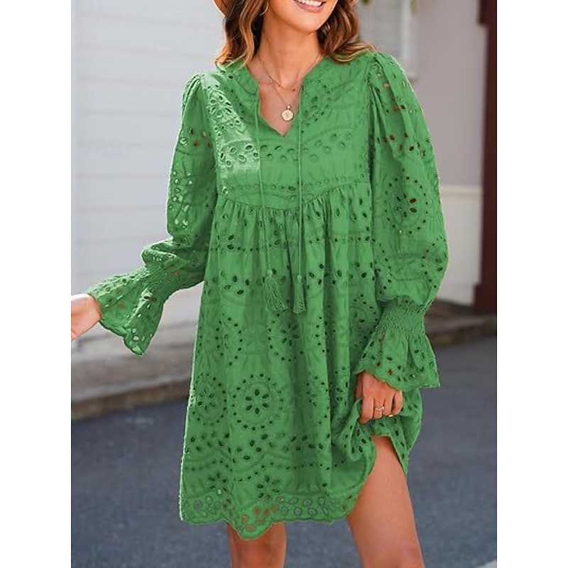 Women's Casual Dress Mini Dress Cotton Embroidered Vacation Beach Casual V Neck Long Sleeve Puff Sleeve White Green Color