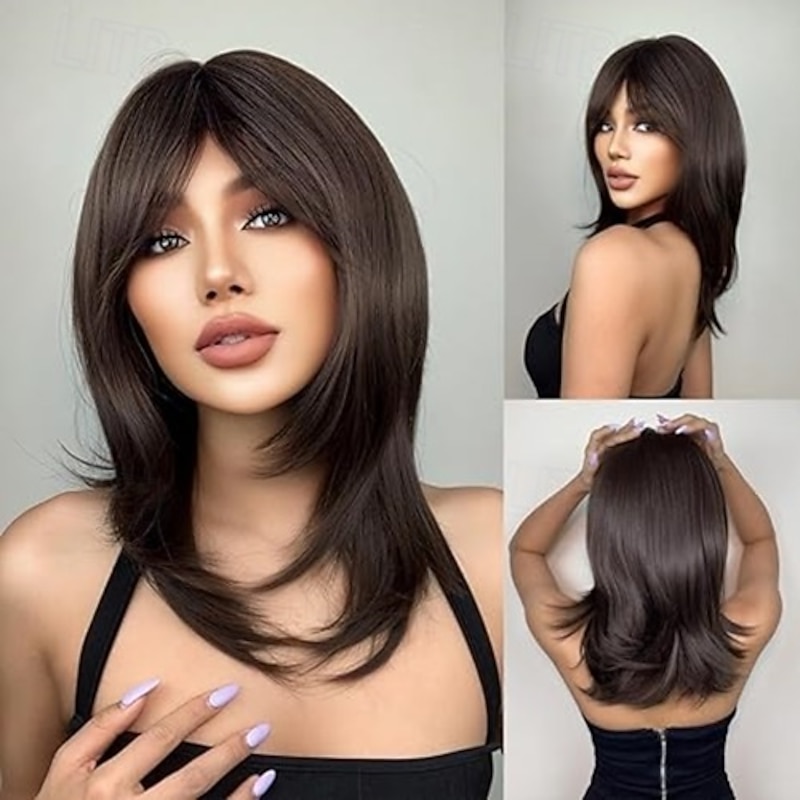 Long Layered Wigs for Women Synthetic Hair Wig with Bangs Natural Wavy Heat Resistant Wigs for Daily Party Use3