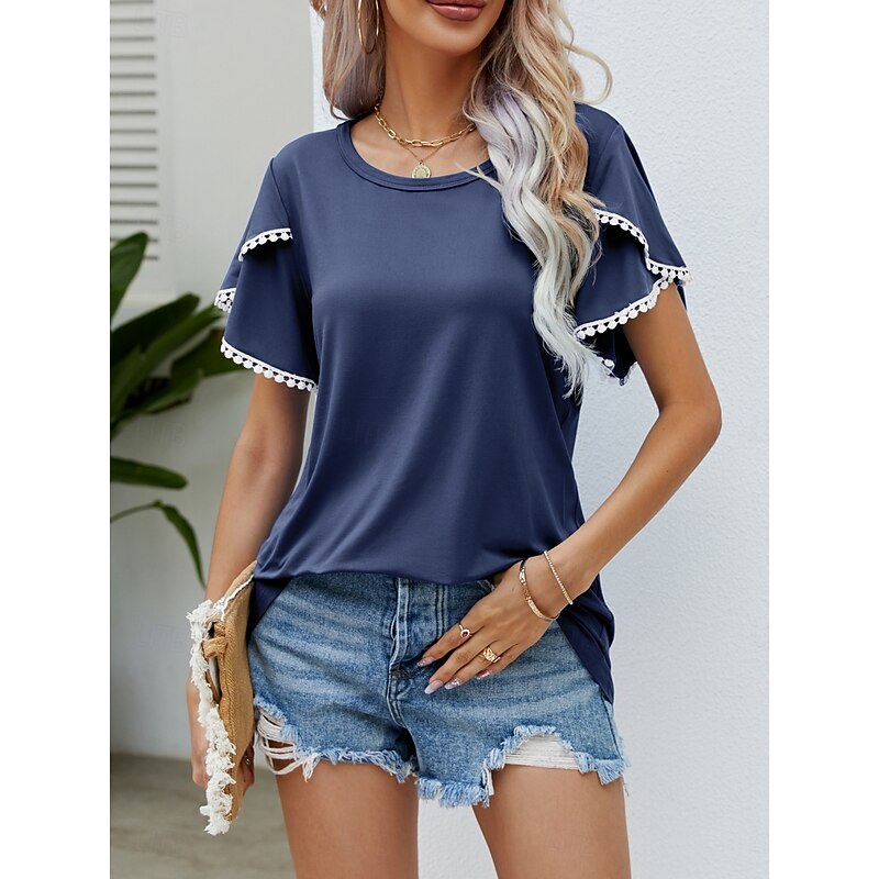 Women's T Shirt Plain Fashion Modern Casual Short Sleeve Crew Neck Regular Tops Daily Weekend Patchwork Tassel Pink Navy Blue Green Summer3