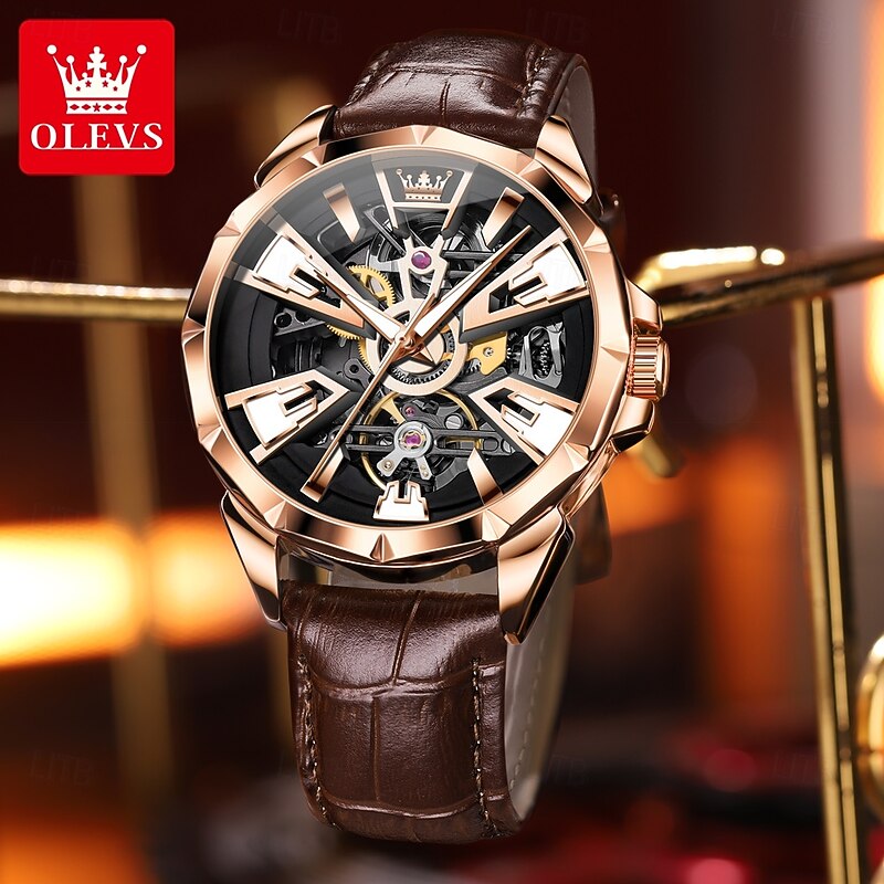 OLEVS Men Mechanical Watch Creative Outdoor Sports Fashion Hollow Skeleton Automatic Self-winding Luminous Waterproof Leather Watch4