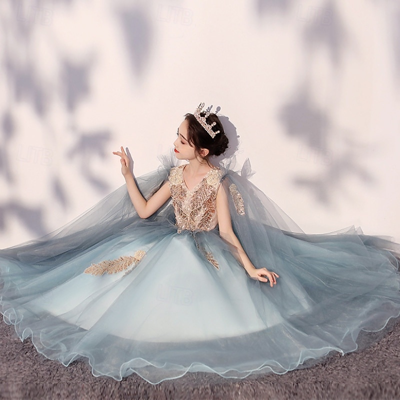 Flower Girl Dress Kid's Girls' Princess Dress Performance Wedding Party Elegant Beautiful Sequins Mesh Solid Color Sleeveless Crew Neck Blue 4 years+3