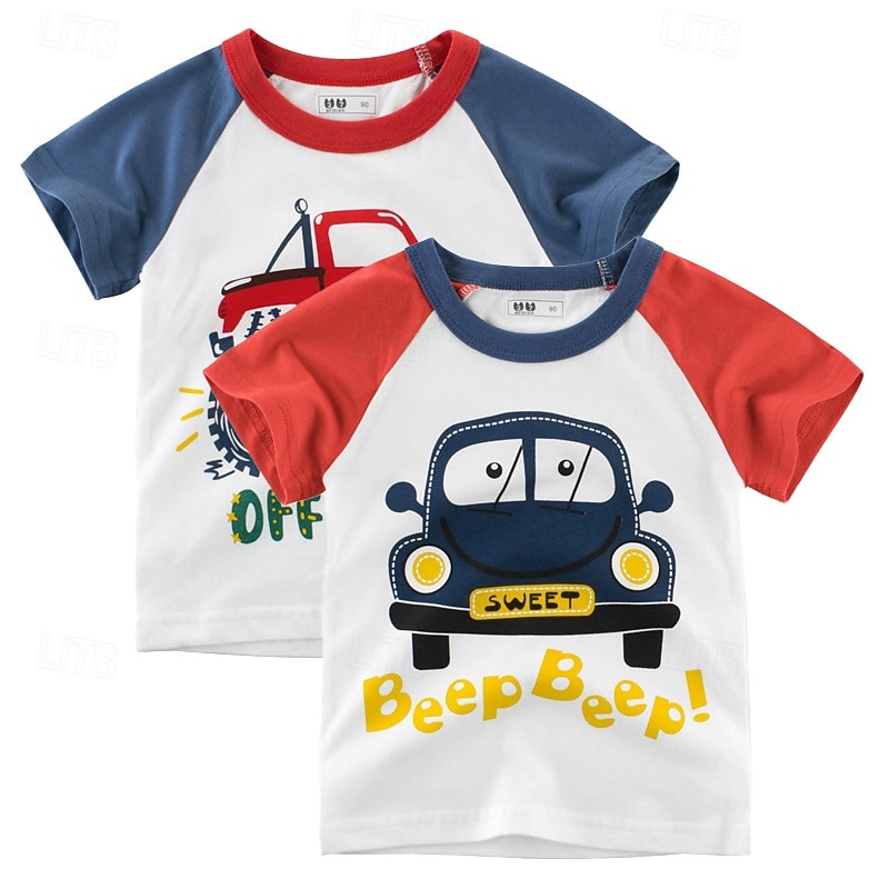 Multi Packs 2pcs Boys Crew Neck Short Sleeves Red Blue T Shirt Tee Top Print Graphic Vacation Daily Wear 100% Cotton Spring & Summer