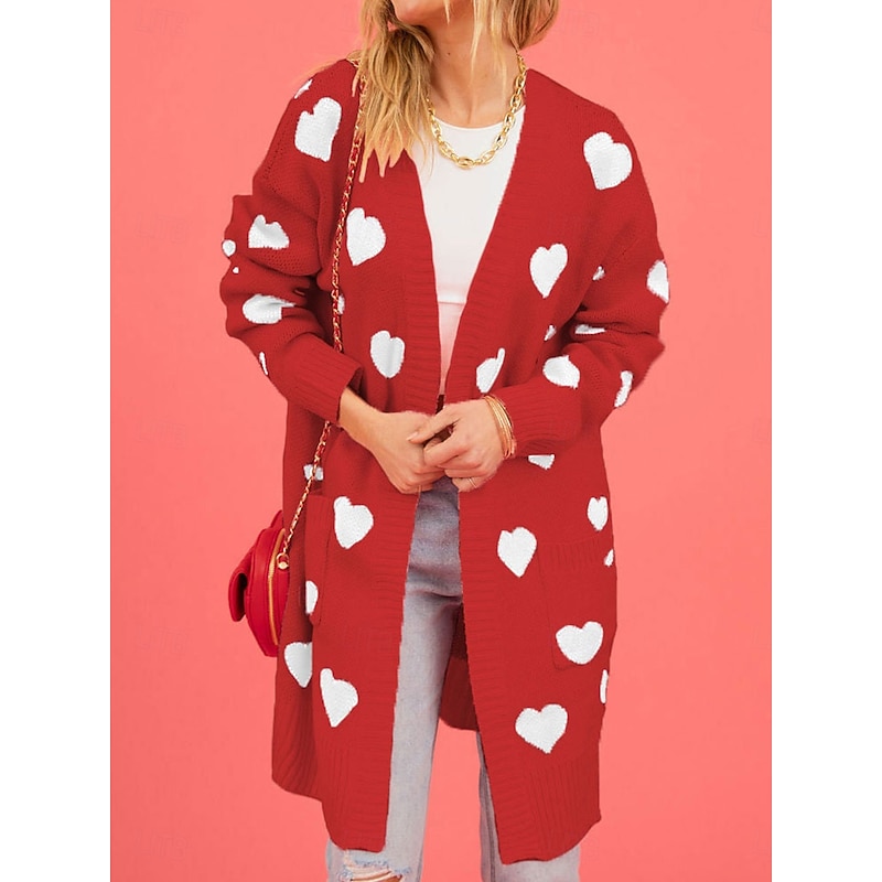 Women's Valentine Pink Sweater Cardigan Elegant Fashion Streetwear Heart V Neck Pocket Knitted Long Sleeve Long Tops Knit Outdoor Daily Weekend Black Pink Fall Winter3