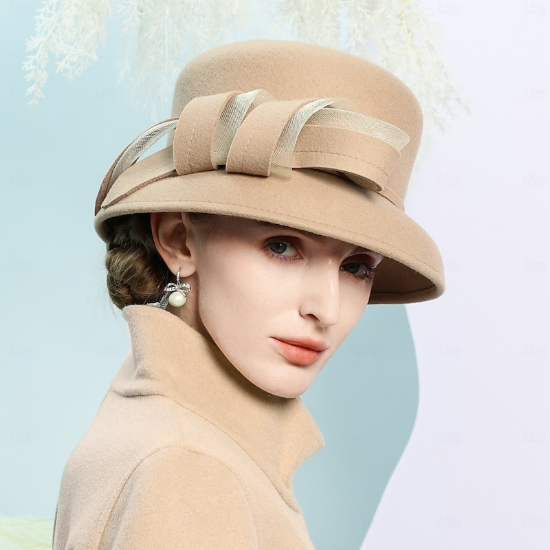 Hats 100% Wool Bowler / Cloche Hat Bucket Hat Wedding Tea Party Elegant Wedding With Bowknot Splicing Headpiece Headwear