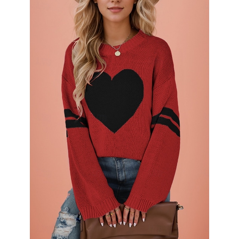 Women's Valentine Sweater Casual Soft Heart Ribbed Crew Neck Knitted Long Sleeve Regular Tops Knit Outdoor Daily Valentine Black White Fall Winter4
