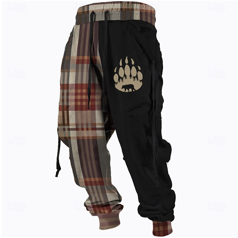 Men's Plaid Bear Paw Sweatpants Trousers Mid Waist Drawstring Elastic Waist Active Vintage Casual Outdoor Streetwear with Pockets Spring Fall 3D Print Black Yellow Brown