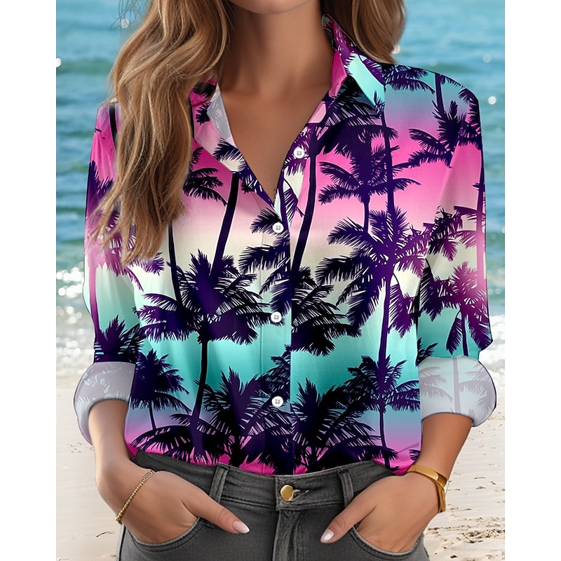 Women's Shirt Button Down Tunic Shirt Collar Long Sleeve Hawaiian Casual Ombre Regular Tops s Print Regular Fit Work Daily Purple Holiday Clothes Beach Wear