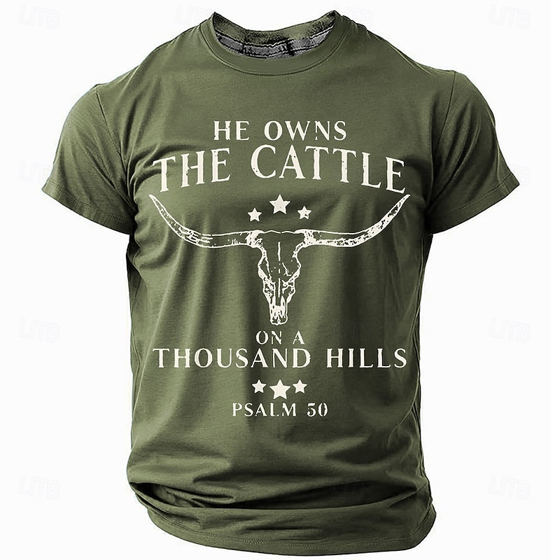 Men's Short Sleeve T-Shirt: "He Owns The Cattle On A Thousand Hills" Psalm 50 Religious Christian Western Graphic Tee4