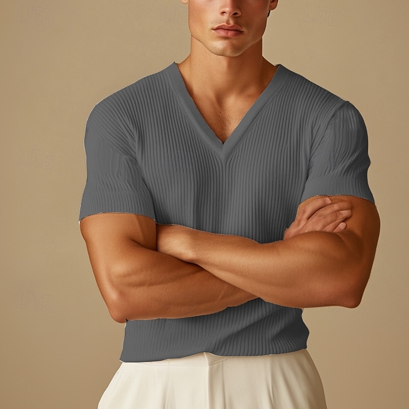 Men's Short Sleeve Shirt Ribbed Knit tee Tee Top Short Sleeve V Neck Summer Fall Winter Solid Color Pit Strip Sports Daily Classic Style Outdoor Casual Light Blue Black White Top Tee for Men3