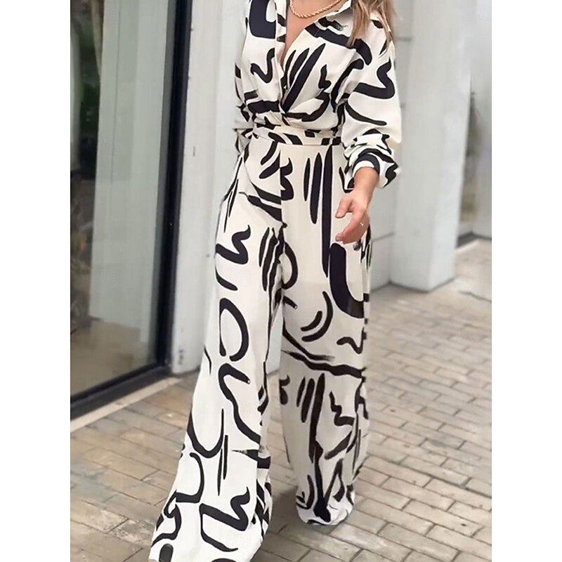 Women's Normal Jumpsuit Stylish Geometric Long Sleeve Shirt Collar Belted Vacation Party Loose Fit White Spring4