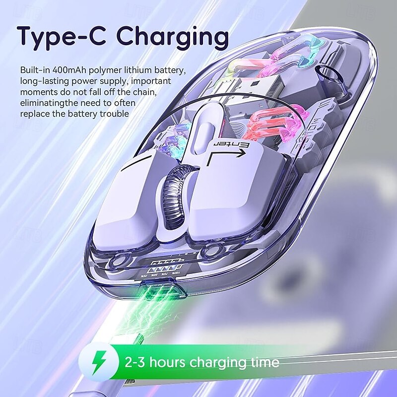 Transparent Dual-Mode Mice BT5.0 2.4G One-Button Switching Type-C 400mAh Rechargeable Mouse Three-Level Movement Speed Adjustable RGB Lights Magnetic PC Cover Custom Drivers3