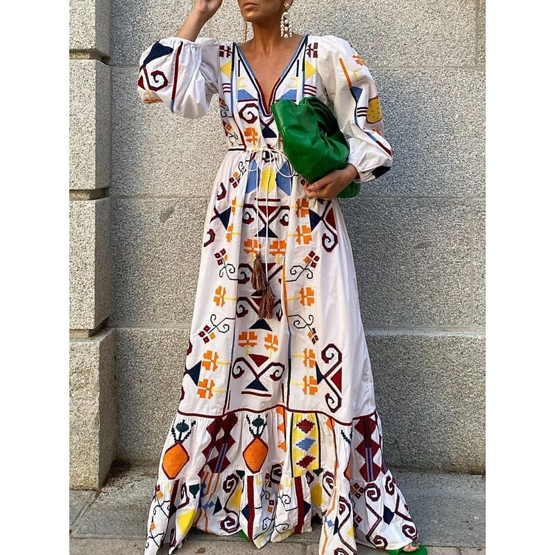 Women's Maxi Dress Casual Dress A Line Dress Boho Dress Vintage Casual Vacation Daily Regular Fit Geometric Long Sleeve V Neck White Spring Fall