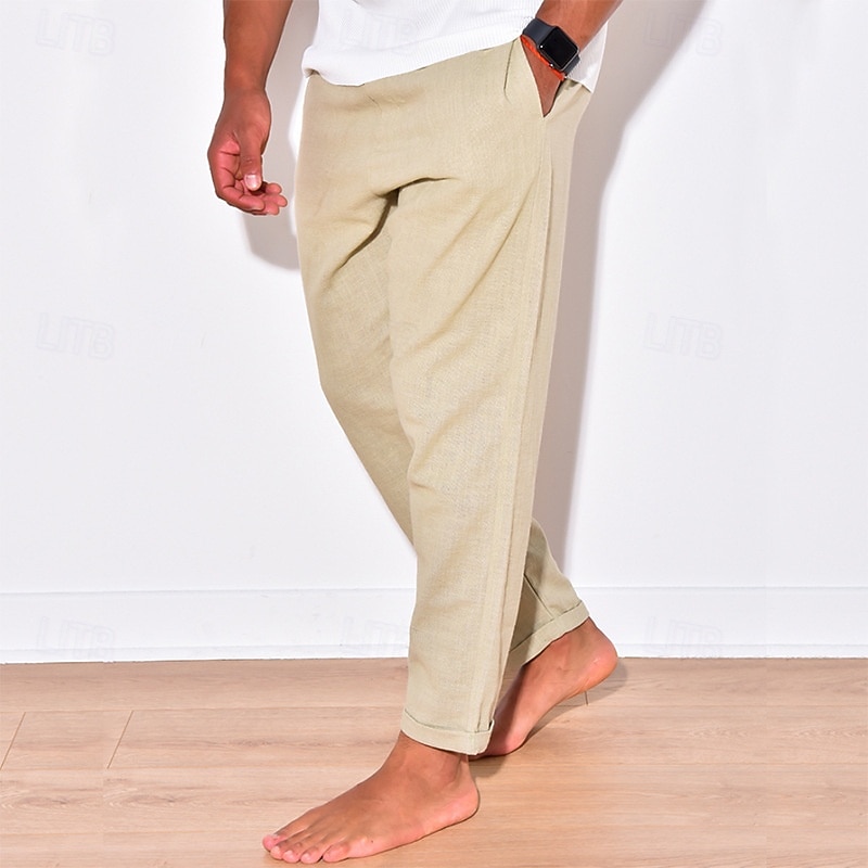 Men's Linen Pants Trousers Summer Pants Gauze Pants Drawstring Elastic Waist Straight Leg Plain Comfort Breathable Full Length Home Yoga Daily Classic Style Casual Black White