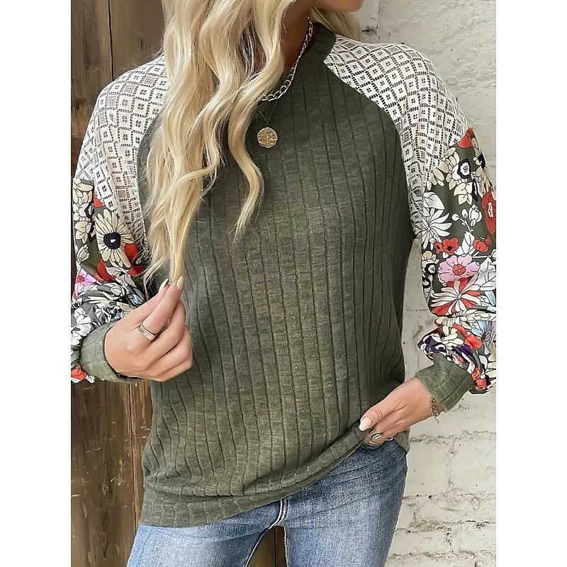 Women's Shirt Blouse Floral Stylish Casual Long Sleeve Crew Neck Regular Tops Daily Patchwork Print Red Green Summer Spring Fall2