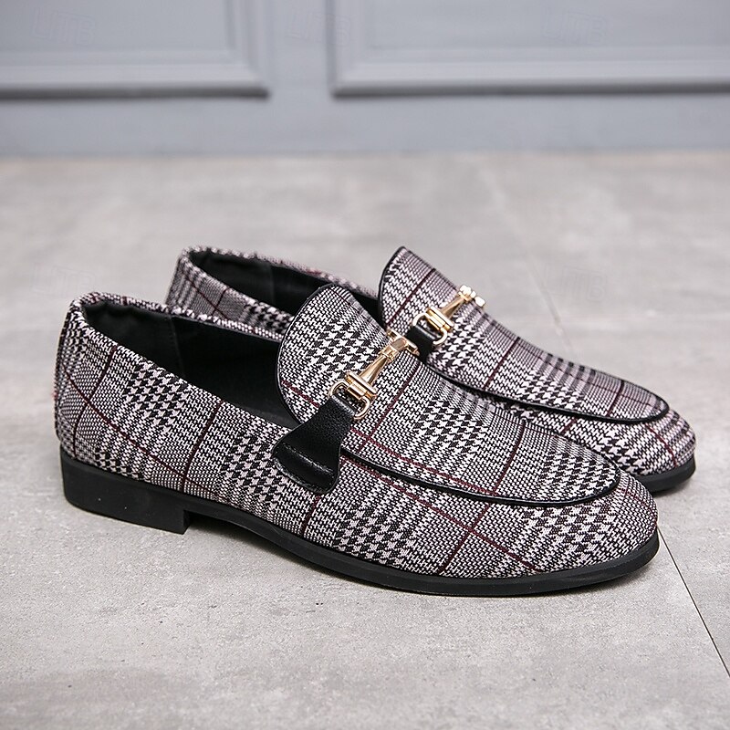 Men's Plaid Fabric Loafers with Metal Buckle – Stylish Slip-On Shoes for Business, Weddings, and Smart-Casual Outfits3