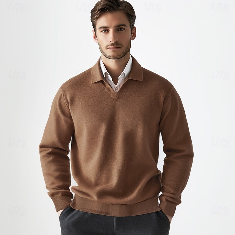 Men's 100% Wool Pullover Sweater Knit V Neck Solid Color Turndown Knitwear Elegant Outdoor Home Clothing Apparel Spring Fall Black Navy Blue S M L