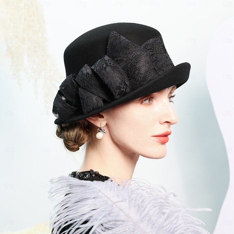 Hats 100% Wool Bowler / Cloche Hat Wedding Tea Party Elegant Wedding With Bowknot Lace Headpiece Headwear2