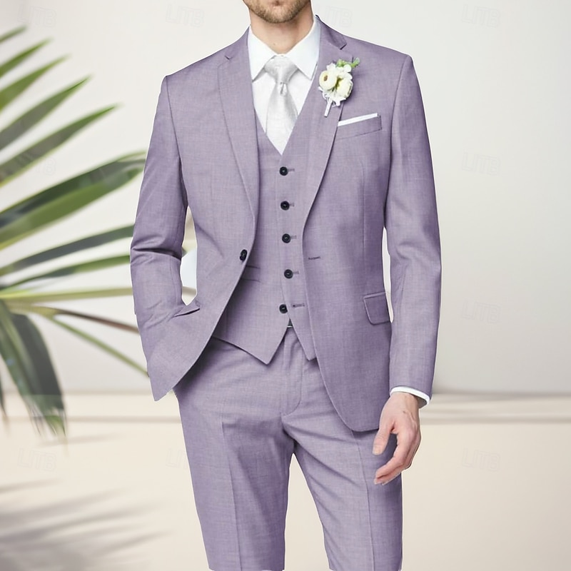Men's Wedding Linen Suits Notch Lapel Dark Khaki Sky Blue Formal Solid Colored Tailored Fit 3 Piece Single Breasted One-button2