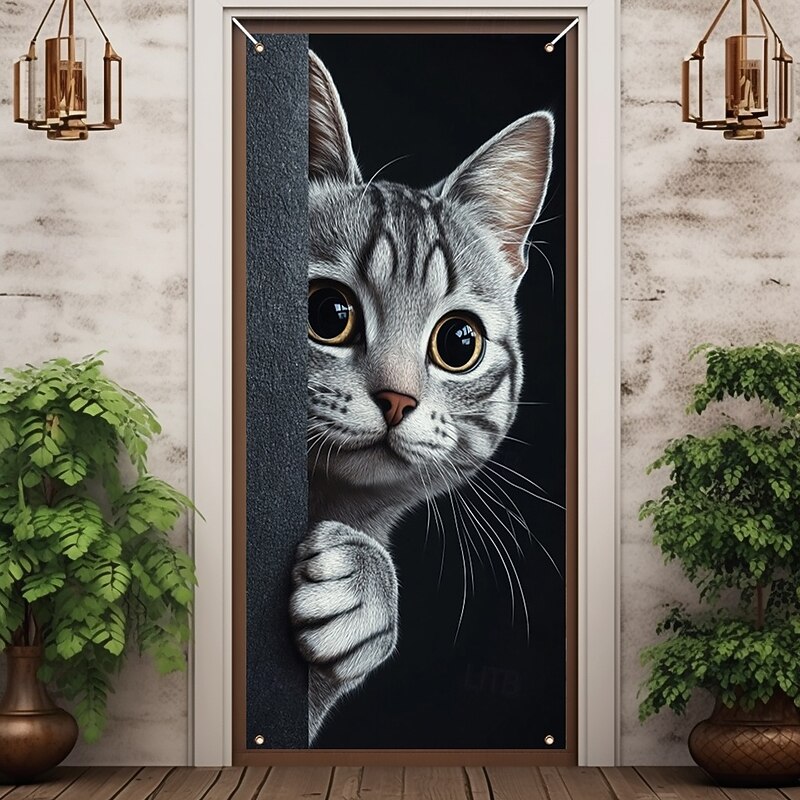 Cute Cats Door Decorations Door Covers Animal Hide and Seek Door Tapestry Door Curtain Decoration Backdrop Indoor/Outdoor Door Banner for Front Door Farmhouse Peekaboo