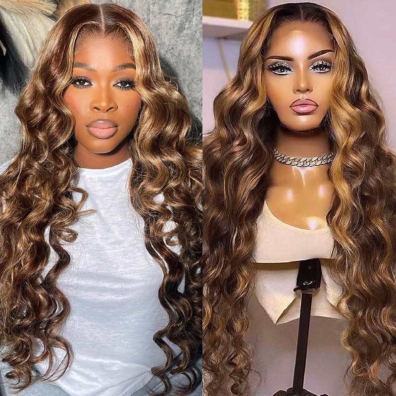 4x4 Human Hair Highlights P4/27 Front Lace Loose Deep Wig 150% Density