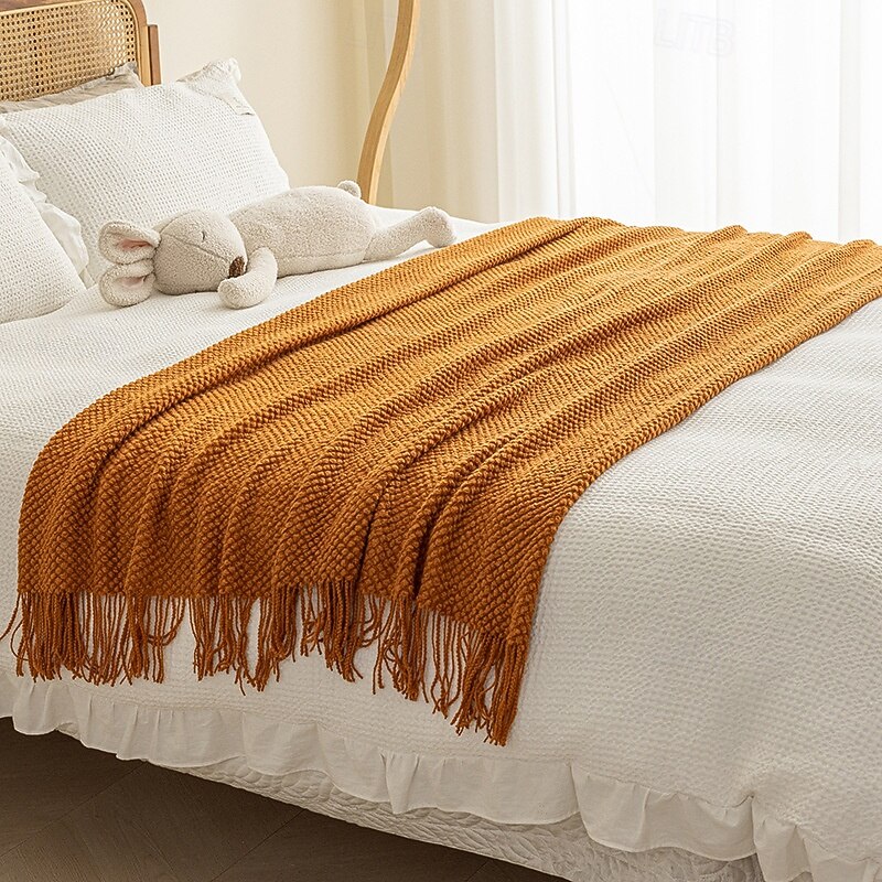 Throw Blanket with Tassel, Knit Throw Blankets Soft Cable Knitted Throw Blankets for Couch Stripe Spring Fall Blanket for Bed Sofa Cozy Lightweight Throw Blankets Scarf for Girls Boys4