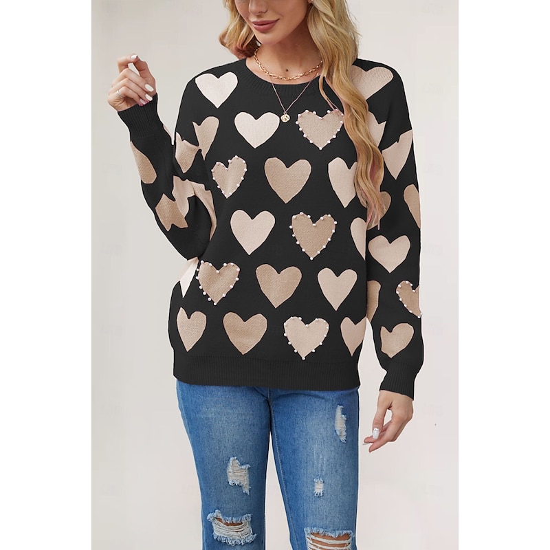 Women's Valentine Pink Heart Sweater Pullover Elegant Solid Color V Neck Knitted Long Sleeve Regular Tops Knit Fashion Streetwear Outdoor Daily Weekend Black Pink Fall Winter4