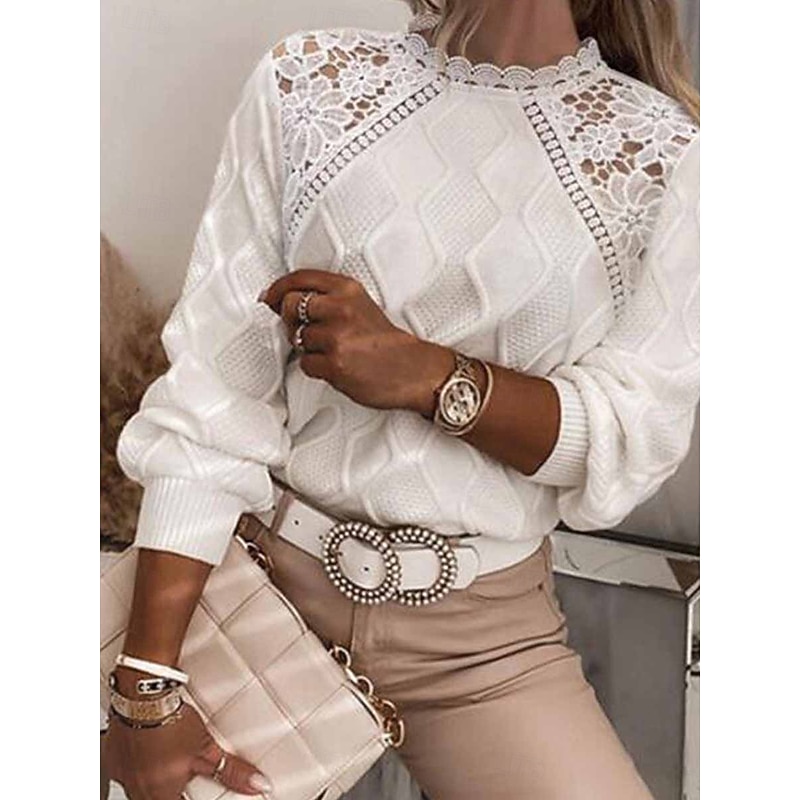 Women's Lace Splicing Top Plain Fashion Modern Casual Long Sleeve Turtleneck Regular Tops Daily Weekend Lace Patchwork White Blue Spring Fall2