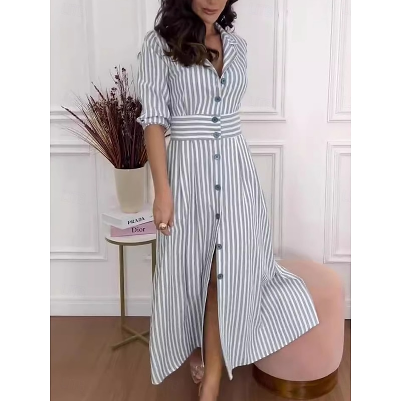 Women's Stripe Shirt Collar Maxi Dress 3/4 Length Sleeve Summer Spring