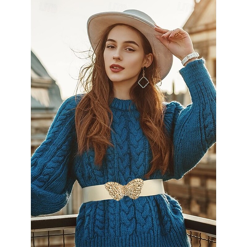 Women's Navy Blue Elastic Waist Belt with Gold Butterfly Buckle | Perfect for Dresses and Skirts2