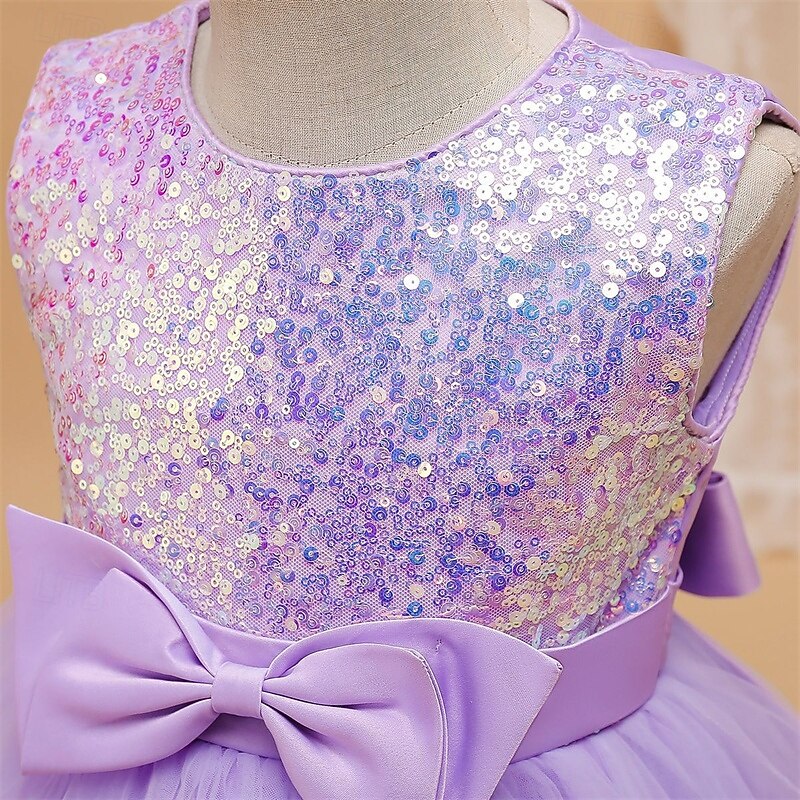 Flower Girl Dress Kid's Girls' Princess Dress Performance Wedding Party Elegant Beautiful Sequins Mesh Solid Color Sleeveless Crew Neck Champagne Pink 4 years+2