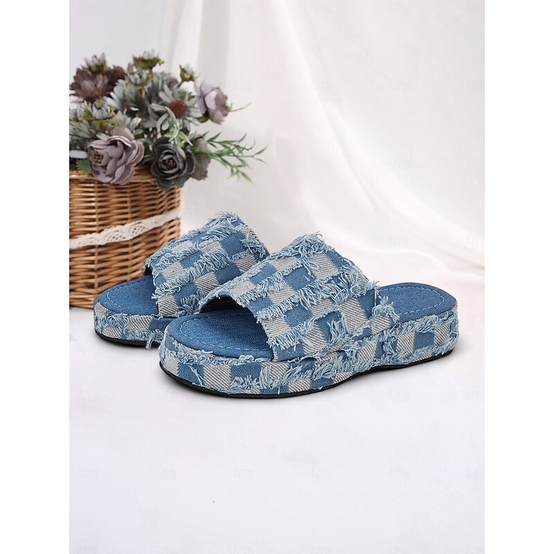 Women's Denim Blue Plaid Platform Slide Sandals with Frayed Detailing - Casual Summer Shoes for Beach and Everyday Wear4