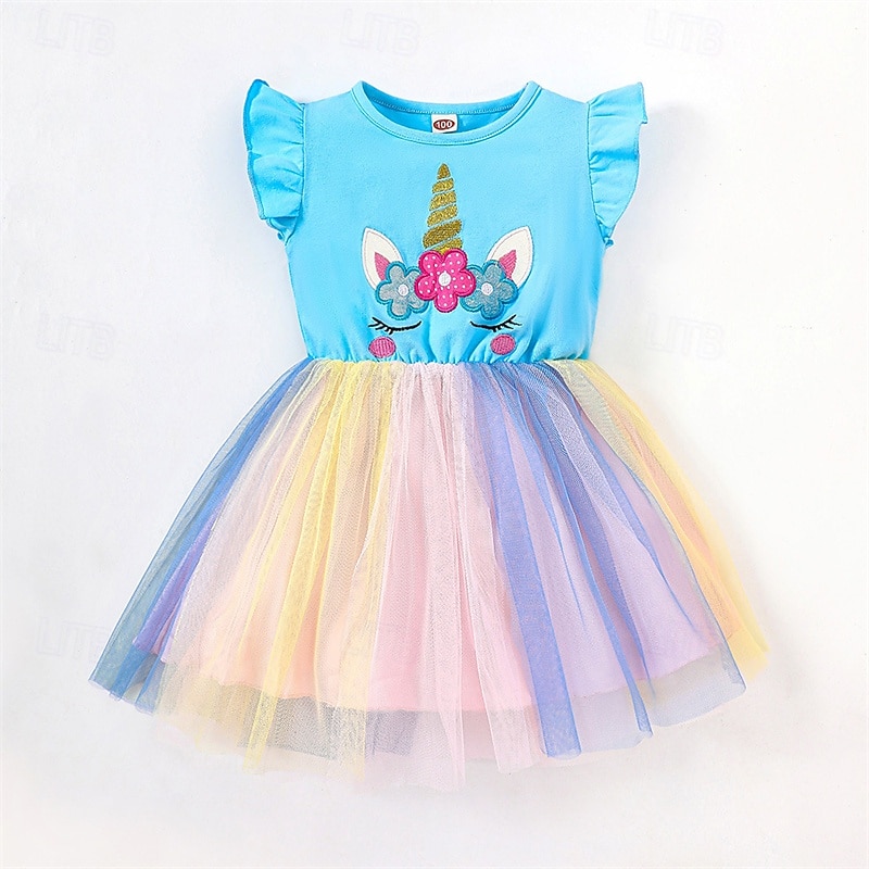 Kids Girls' Dress Unicorn Sleeveless Outdoor Casual Ruffle Patchwork Fashion Adorable Polyester Above Knee Casual Dress A Line Dress Tulle Dress Summer Spring 4 years+ Pink Blue Purple