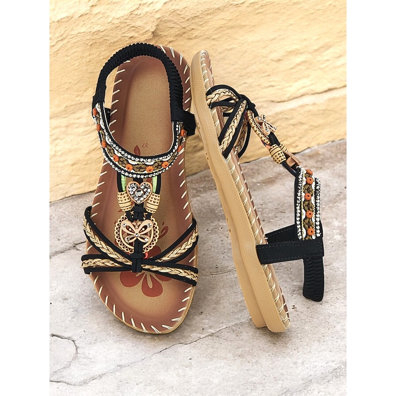 Women's Bohemian Style Flat Sandals with Beaded Embellishments and Elastic Strap, Comfortable Summer Shoes for Beach and Casual Outings2