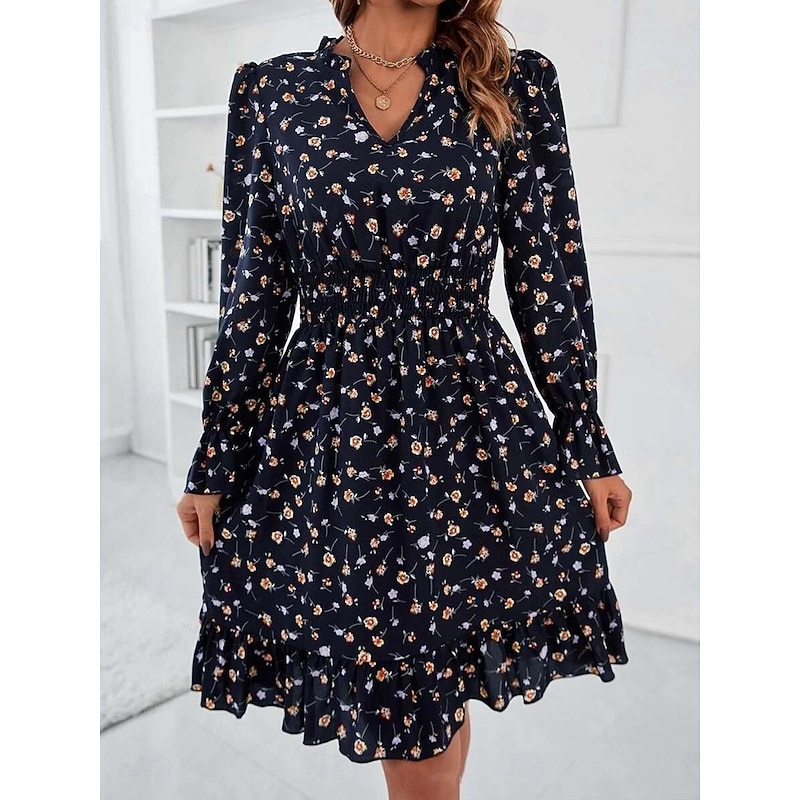 Women's Normal Midi Dress Chiffon Dress Elegant Vintage Daily Date Regular Fit Floral Graphic Long Sleeve V Neck Black Navy Blue Blue Spring Fall3