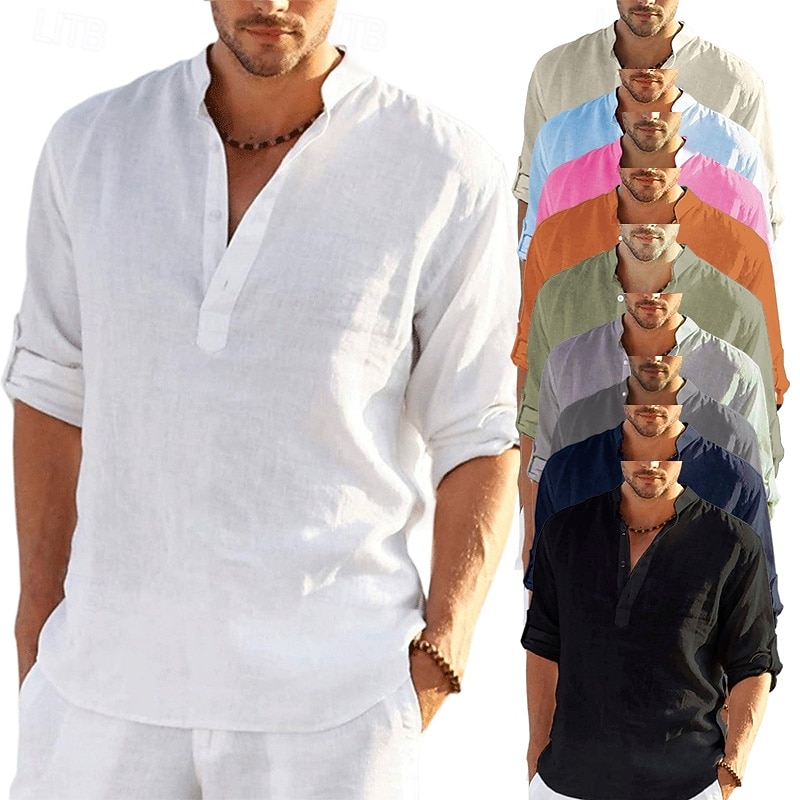 Men's Shirt Linen Shirt Popover Shirt Summer Shirt Beach Wear Band Collar Shirt Solid Color Vacation Hawaiian Black White Yellow Pink Long Sleeve Henley Summer Spring Clothing Apparel Button-Down