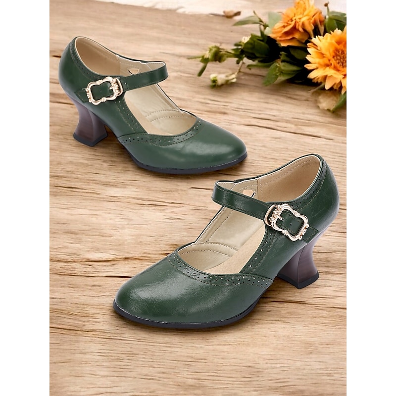Women's Vintage Gatsby Green faux Leather Mary Jane Pumps for  Mid-Heel Dress Shoes with Brogue Detailing and Buckle Strap, Ideal for Office, Formal Events, and Retro Style Outfits4