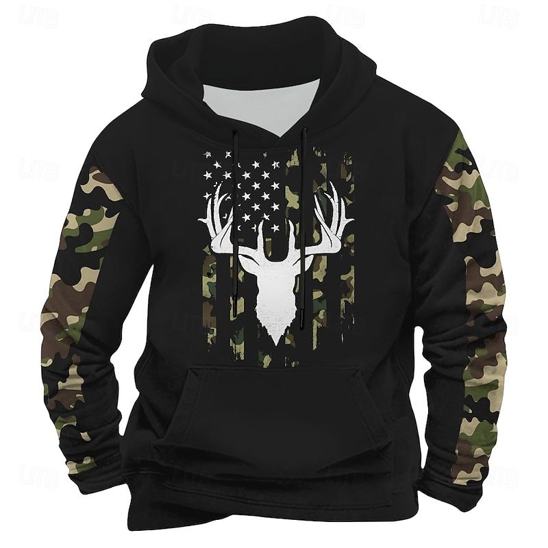 Men's Deer Hoodies Sweatshirt Ethnic Long Sleeve Crew Neck Holiday Hunting Black Navy Blue Drawstring Fall Winter Designer