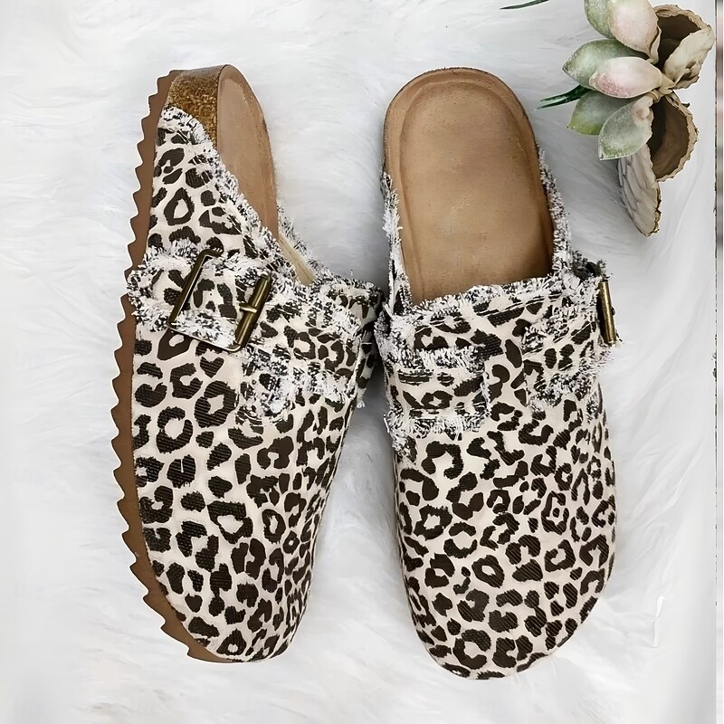 Women's Leopard and Cow Print Slip-On Clogs with Adjustable Buckle and Cork Sole - Casual and Stylish Shoes for Everyday Wear2