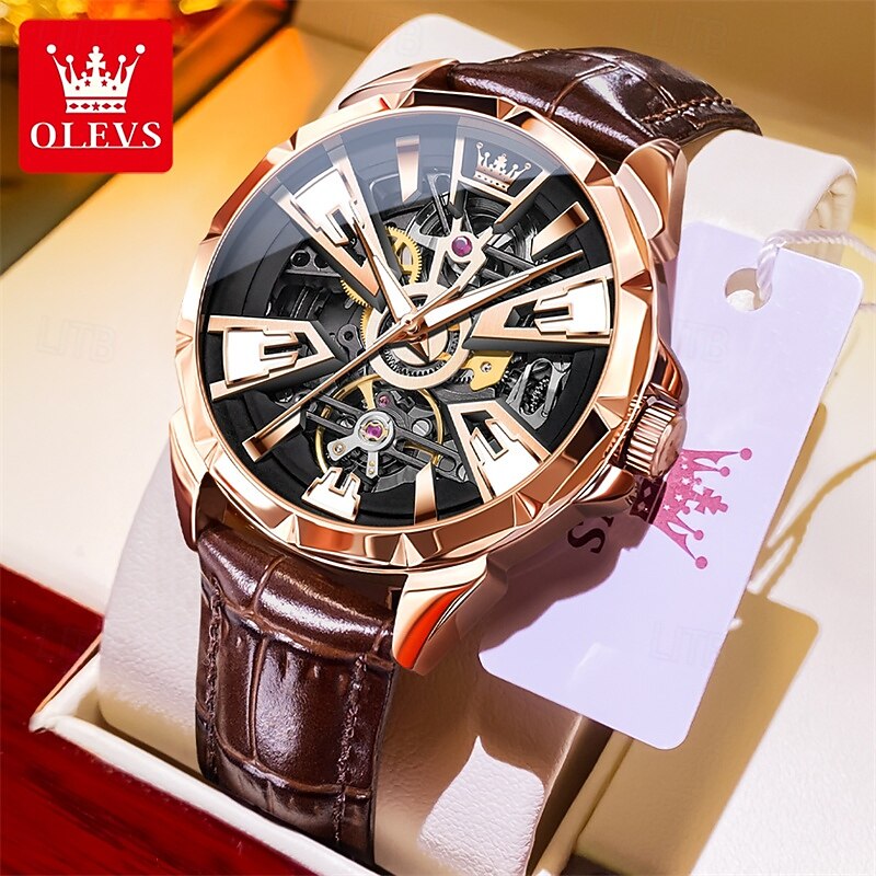 Olevs Brand Men'S Business Belt Automatic Mechanical Watch Fashion Hollow Glow-In-The-Dark Waterproof Sports Men'S Watch