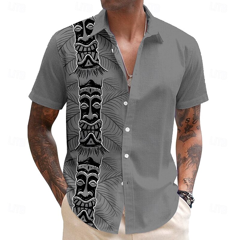 Men's Mask Bandana Print Tiki Casual Shirt Button Up Shirt Aloha Shirt Short Sleeve Tribal Holiday Summer Spring Turndown Button Up Blue Green Beige Gray4