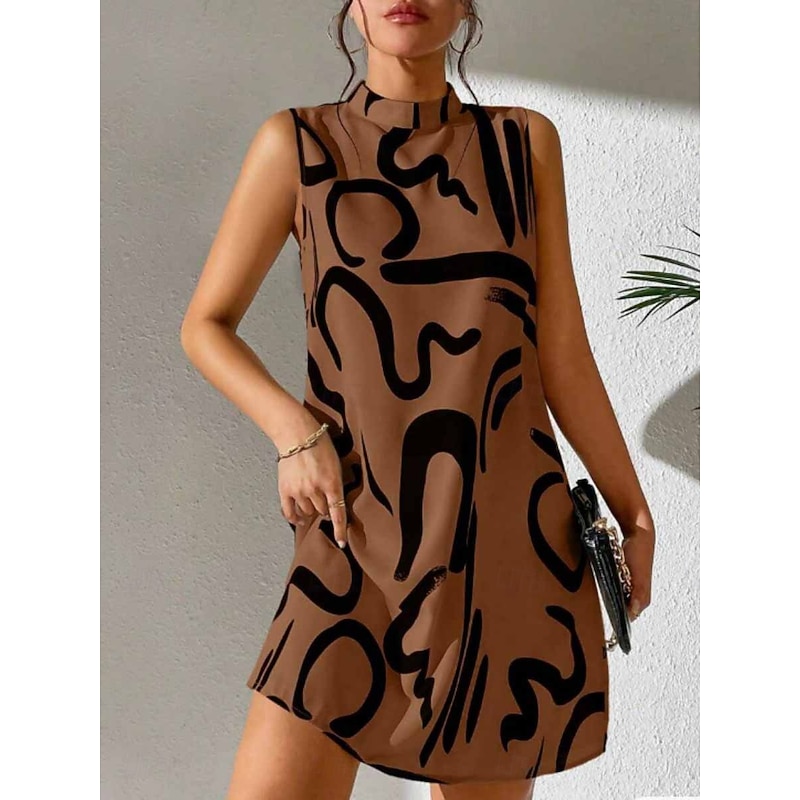 Women's Graphic Stand Collar Mini Dress Sleeveless Summer3