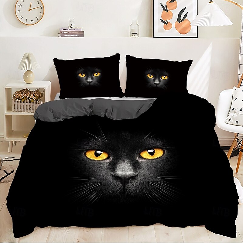 3D Print Black Cat Duvet Cover Set Stylish and Whimsical Bedding with Cat Design Soft and Durable Microfiber Includes Duvet Cover and Pillowcases Perfect for Cat Lovers2