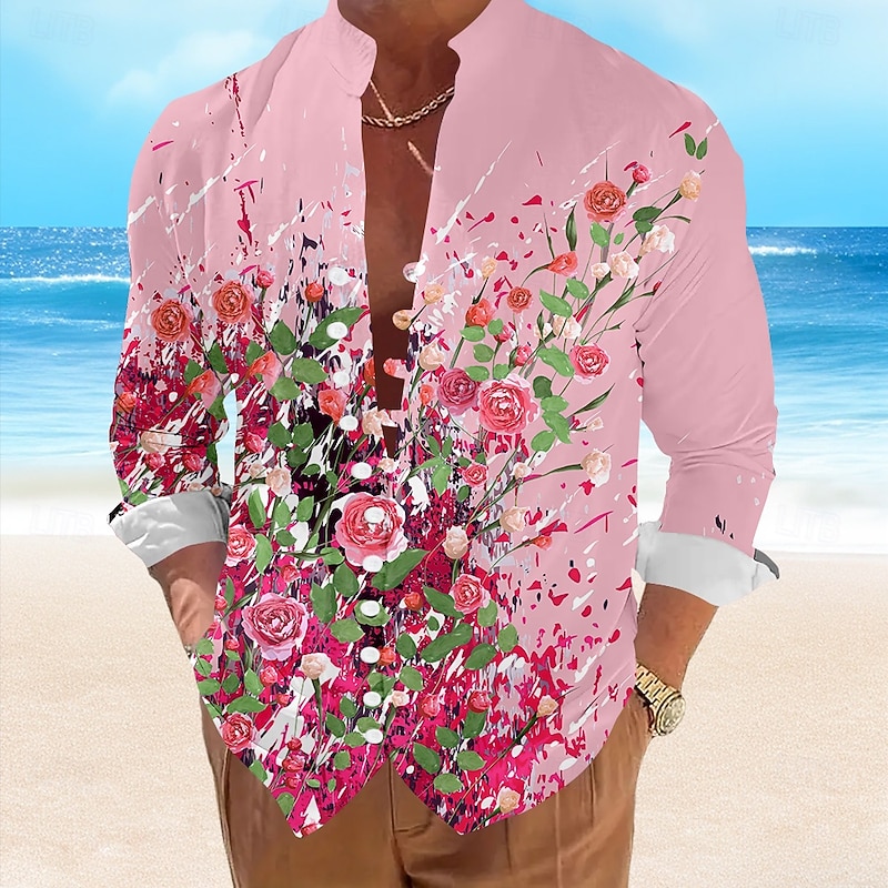 Valentine's Day Men's Floral Casual Shirt Button Up Shirt Long Sleeve Resort Vacation Casual Summer Spring V Neck Button Up White Pink Blue Green