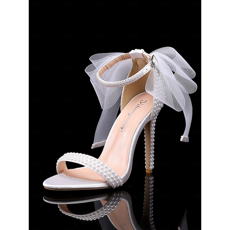 Women's White Pearl Embellished Wedding Heels with Bow and Ankle Strap – Elegant Bridal Shoes for Weddings and Formal Events