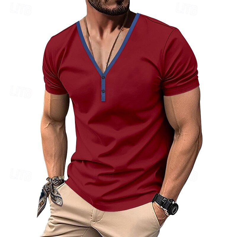 Men's Button T Shirt T Shirt Henley Shirt Tee Short Sleeve V Neck Henley Spring & Summer Color Block Solid / Plain Color Fashion Designer Patchwork Vacation Street Going out Black White Wine Top Tee2