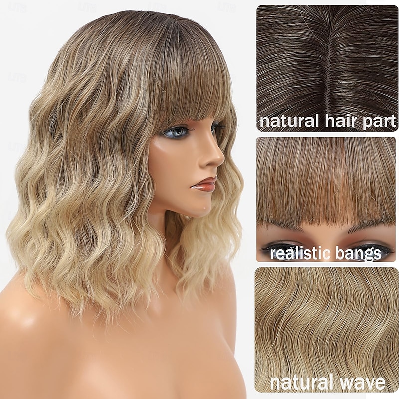 Wig with Bangs Short Wavy for Women  Curly Bob Wig with Dark Roots Shoulder Length Synthetic Heat Resistant Hair Wig for Party Daily Use3