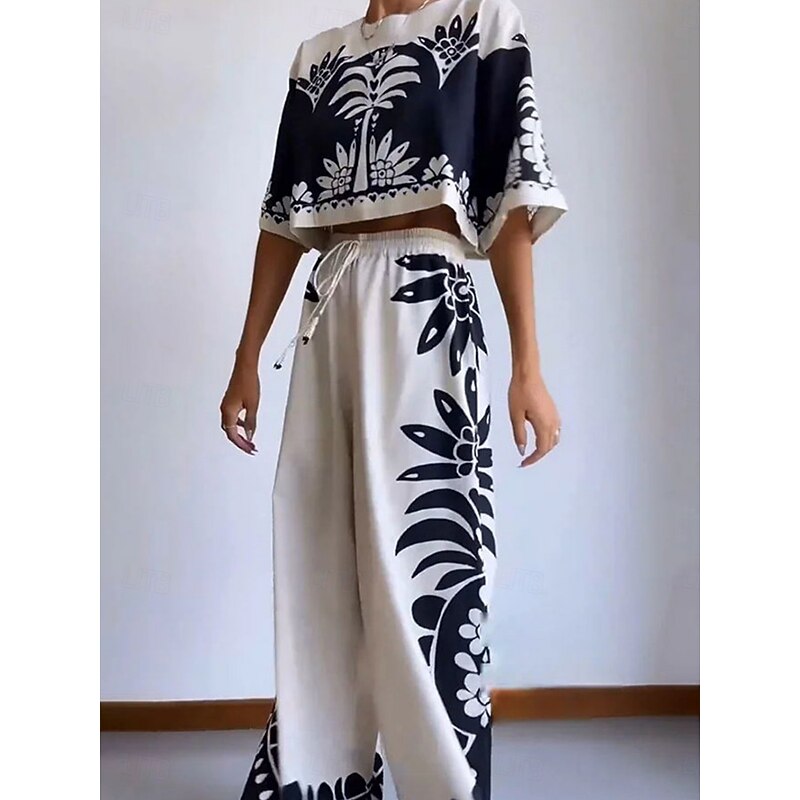 Women's Fashion Streetwear Daily Blouse Wide Leg Pants 3/4 Length Sleeve Crew Neck Floral Drawstring Casual Daily White Spring &  Fall Regular Fit2