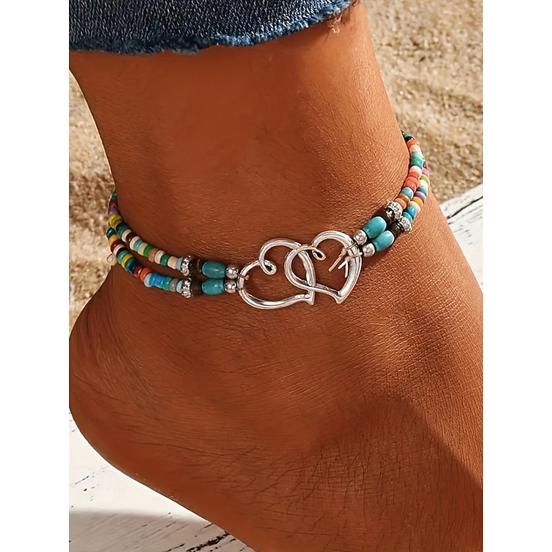 Bohemian Double Heart Beaded Anklet for Women, Handmade Beach Jewelry with Turquoise and White Beads, Perfect for Summer, Vacations and Gifts
