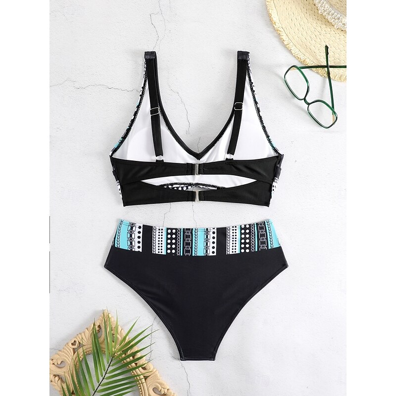 Women's Swimwear Bikini 2 Piece Cheeky Swimsuit Backless Slim Vacation Beach Wear Color Block V Neck Sleeveless Bathing Suits3
