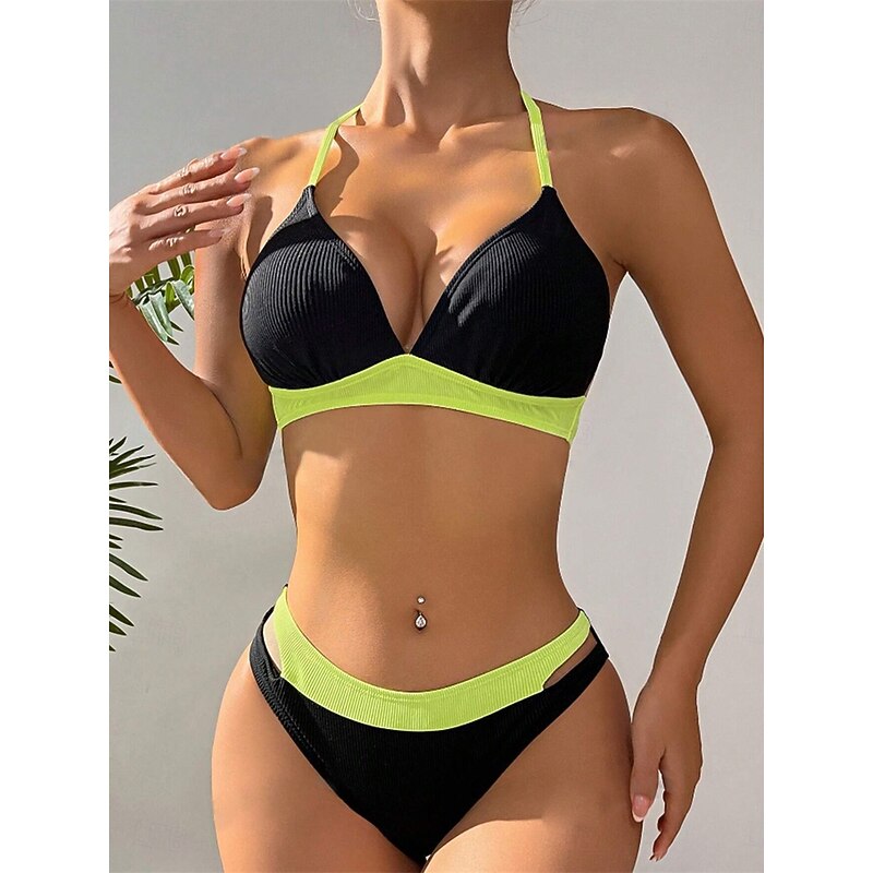 Women's Swimwear Bikini 2 Piece Swimsuit Tummy Control High Waist Slim Vacation Beach Wear Solid Color Striped Plunge Sleeveless Bathing Suits3
